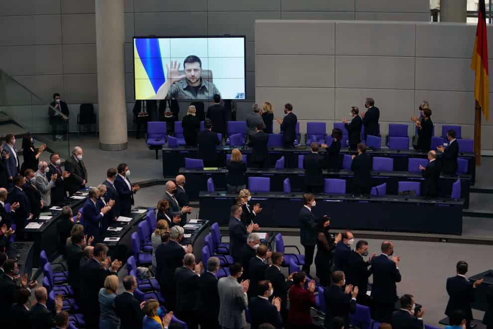 Ukraine’s president addresses members of the German parliament give (Markus Schreiber/AP)