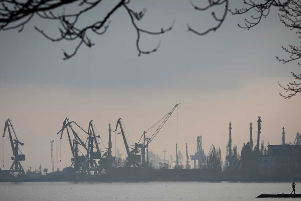Harbour cranes at the trade port in Mariupol, Ukraine (Sergei Grits/AP)