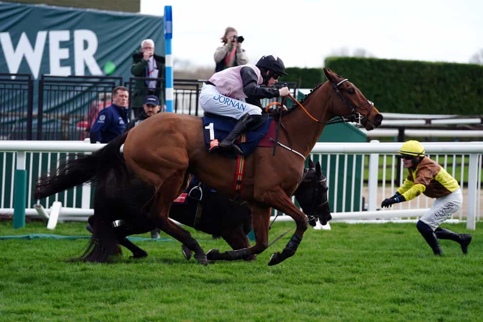 Bob Olinger takes advantage of Galopin Des Champs falling a the last to win the Turners Novices Chase at Cheltenham (David Davies/PA)