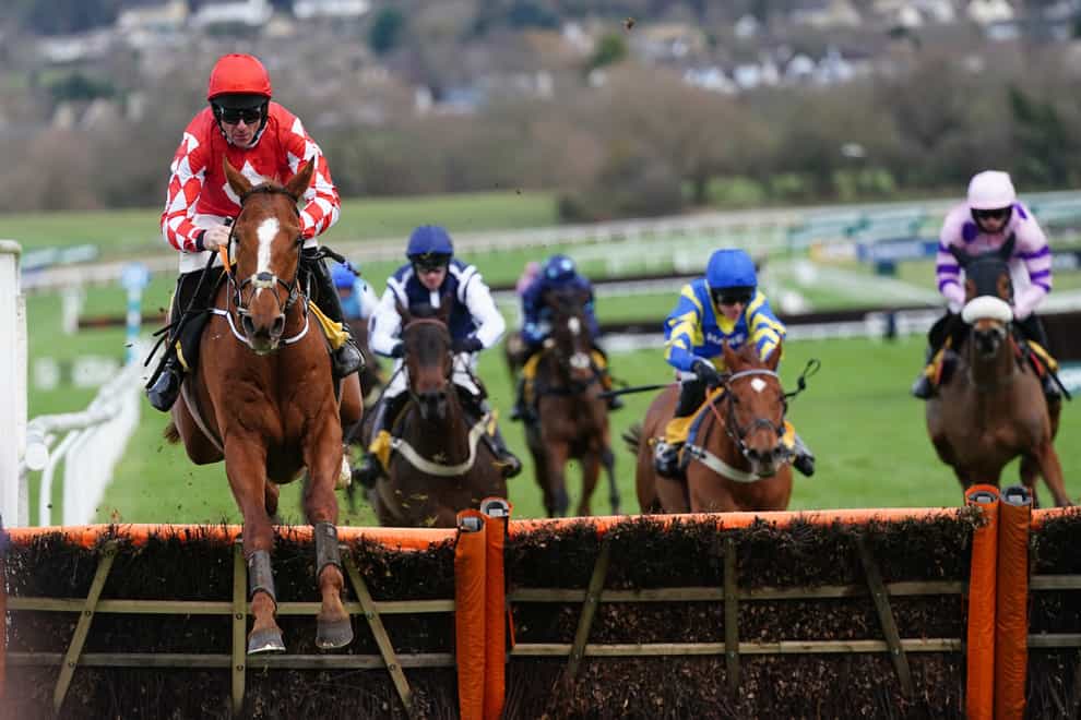 Pied Piper ridden by Davy Russell (left) clears a fence before going on to win the JCB Triumph Trial Juvenile Hurdle at Cheltenham Racecourse (David Davies/PA)