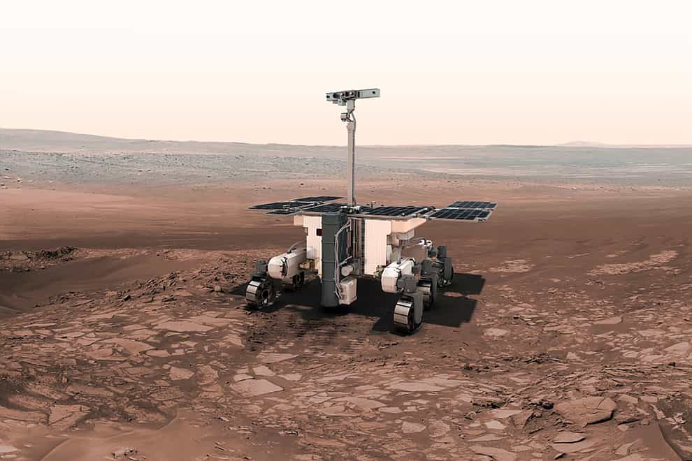 An artist’s rendition shows the ESA ExoMars robot on Mars (Thiebaut/ESA-AOES medialab via AP)