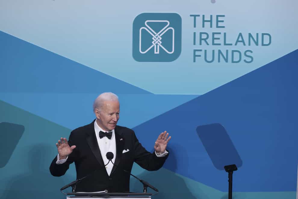 US President Joe Biden speaks at the Ireland Funds’ 30th National Gala at the National Building Museum in Washington DC (Oliver Contreras/PA)