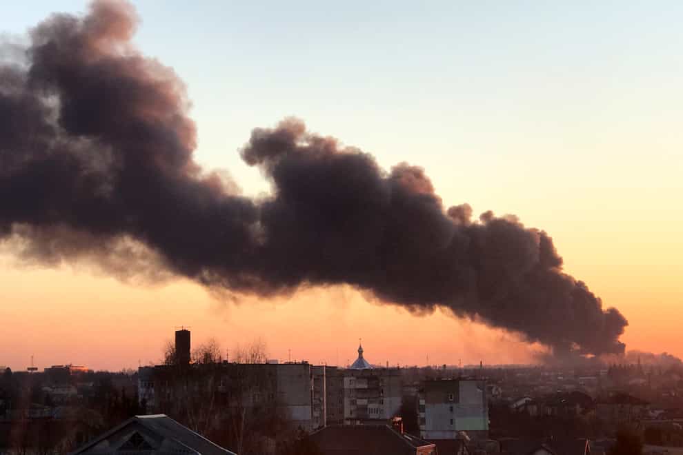 A cloud of smoke raises after an explosion in Lviv, western Ukraine (AP Photo)