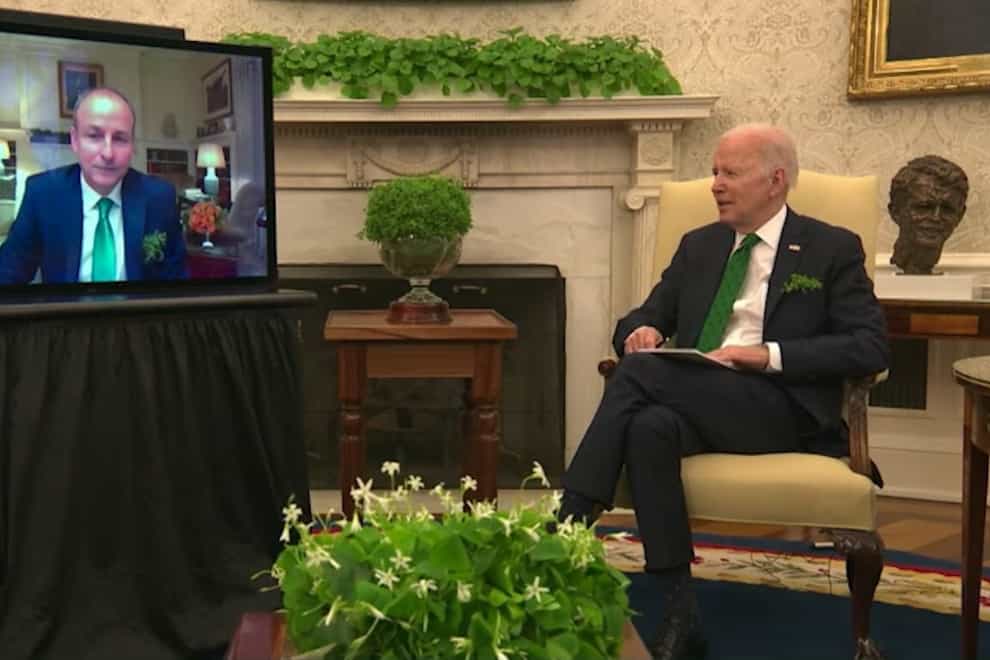 The virtual bilateral meeting between Taoiseach Micheal Martin and US President Joe Biden (White House/PA)