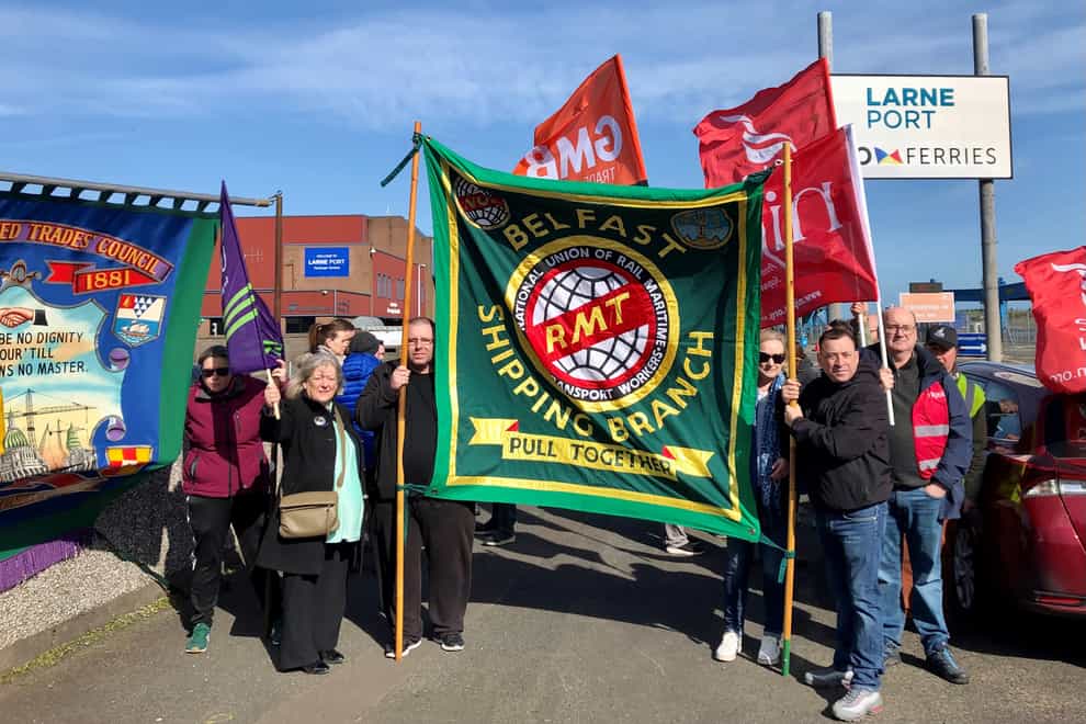 Sacked P&O workers are joined by seafarers from Stena Line, who came to the protest to show solidarity at Larne Port in Northern Ireland (PA)