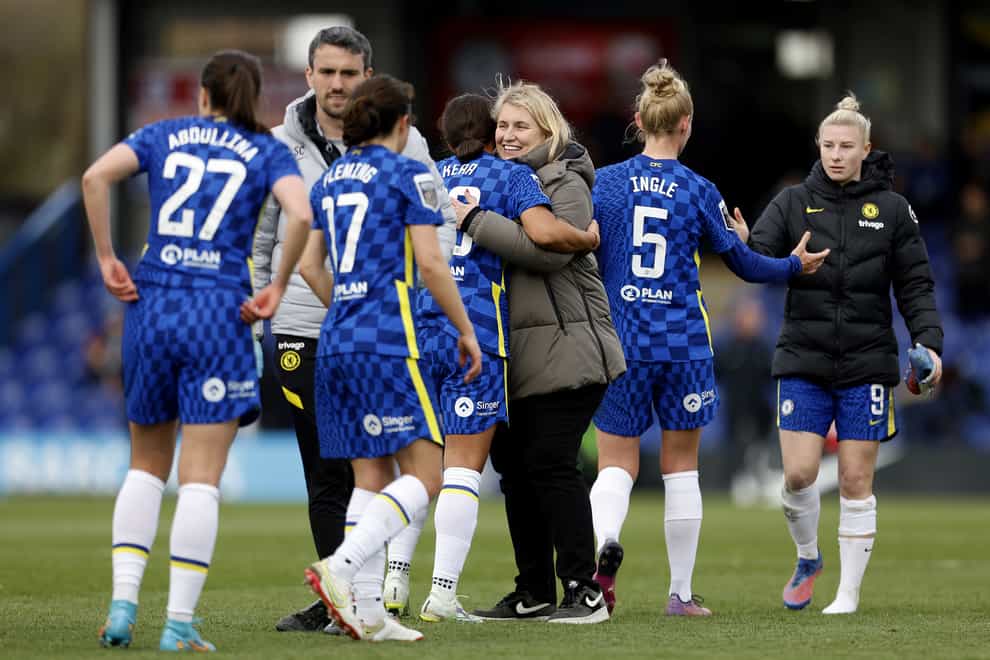 Manager Emma Hayes, centre, said her side are getting on with their day-to-day lives despite the situation surrounding Chelsea at the moment (Steven Paston/PA)