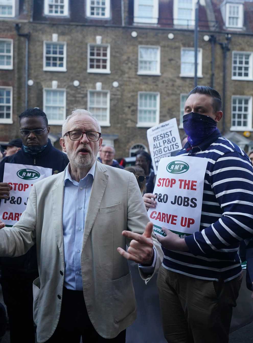 Former Labour Party leader Jeremy Corbyn joins protesters outside DP World headquarters in London (Victoria Jones/PA)