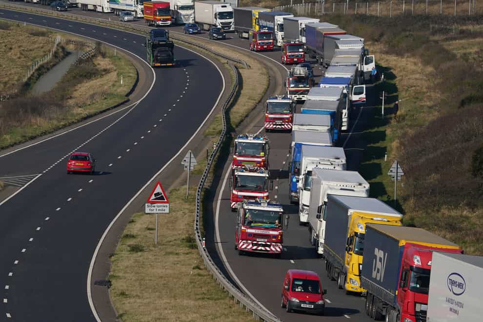 A convoy of donated emergency service equipment, organised by Fire Aid and the National Fire Chiefs Council travels towards Dover on its way to the Polish border with Ukraine (Gareth Fuller/PA)