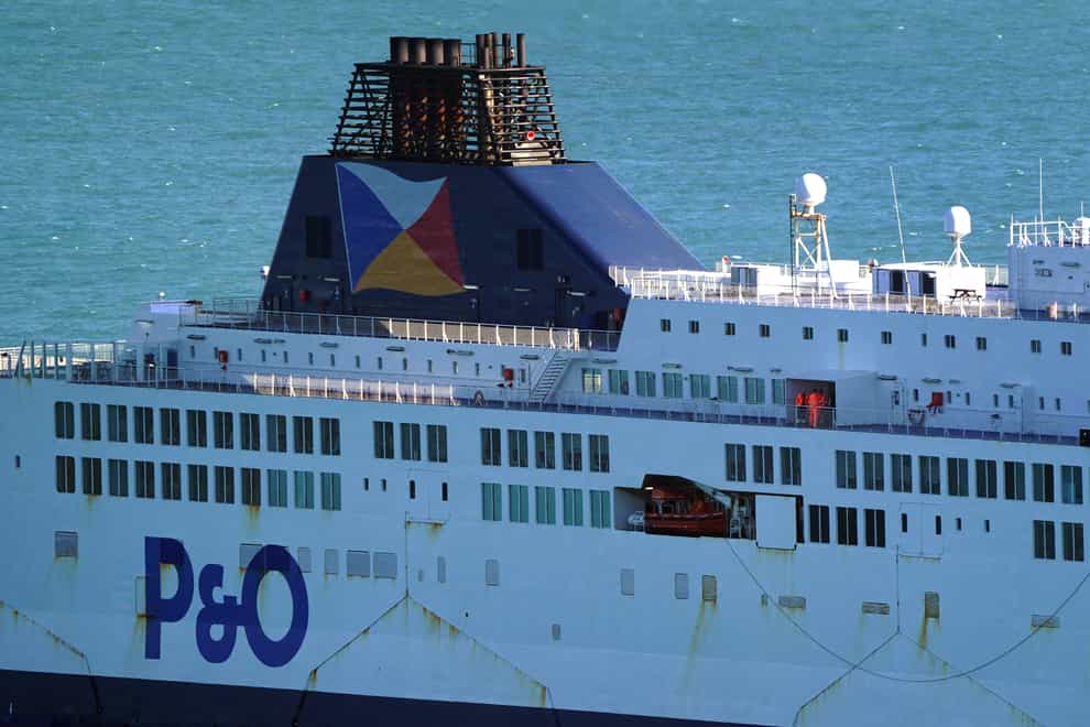 Workers on the P&O ferry the Pride of Kent as it remains moored at the Port of Dover in Kent after P&O Ferries suspended sailings and handed 800 seafarers immediate severance notices. Picture date: Friday March 18, 2022.