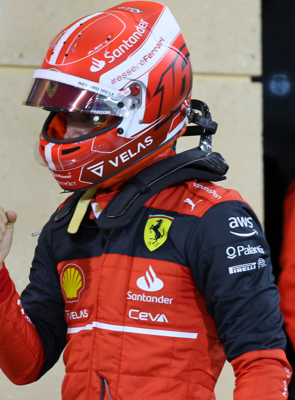 Charles Leclerc celebrates claiming pole position (Giuseppe Cacace/AP)