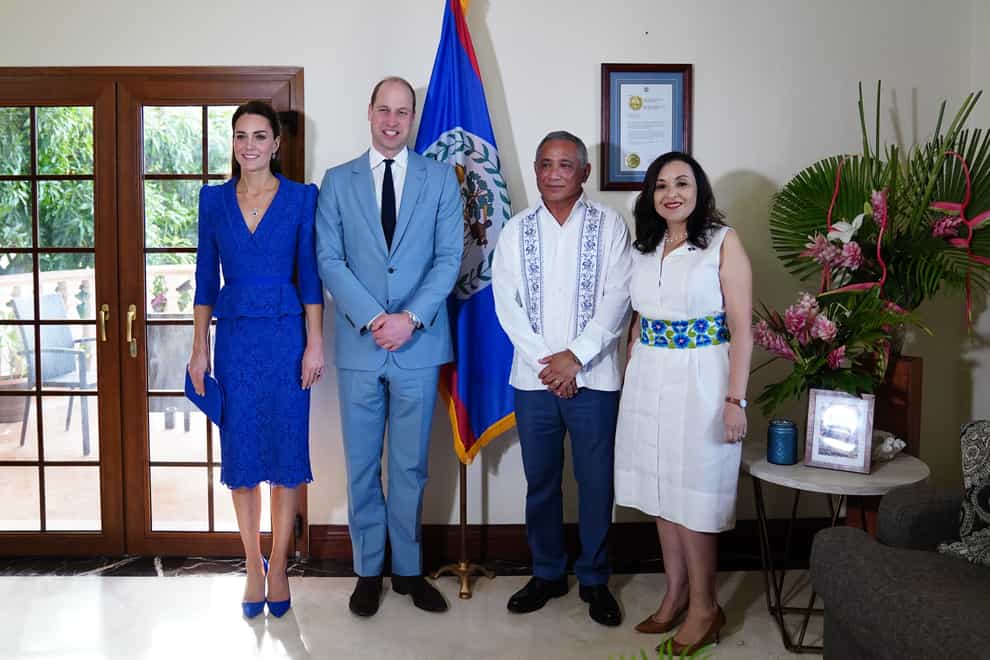 The Duke and Duchess of Cambridge meeting the Prime Minister of Belize Johnny Briceno and wife Rossana, at the Laing Building, Belize City, as they begin their tour of the Caribbean on behalf of the Queen to mark her Platinum Jubilee (Jane Barlow/PA)
