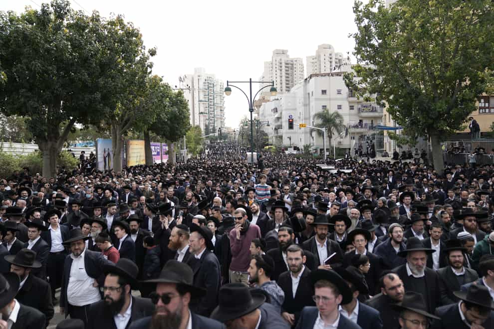 Ultra-Orthodox Jews attend the funeral of Rabbi Chaim Kanievsky in Bnei Brak, Israel (Oded Balilty/AP)