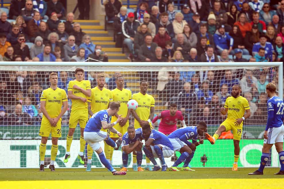 James Maddison, centre left, scores Leicester’s second goal (Nigel French/PA)