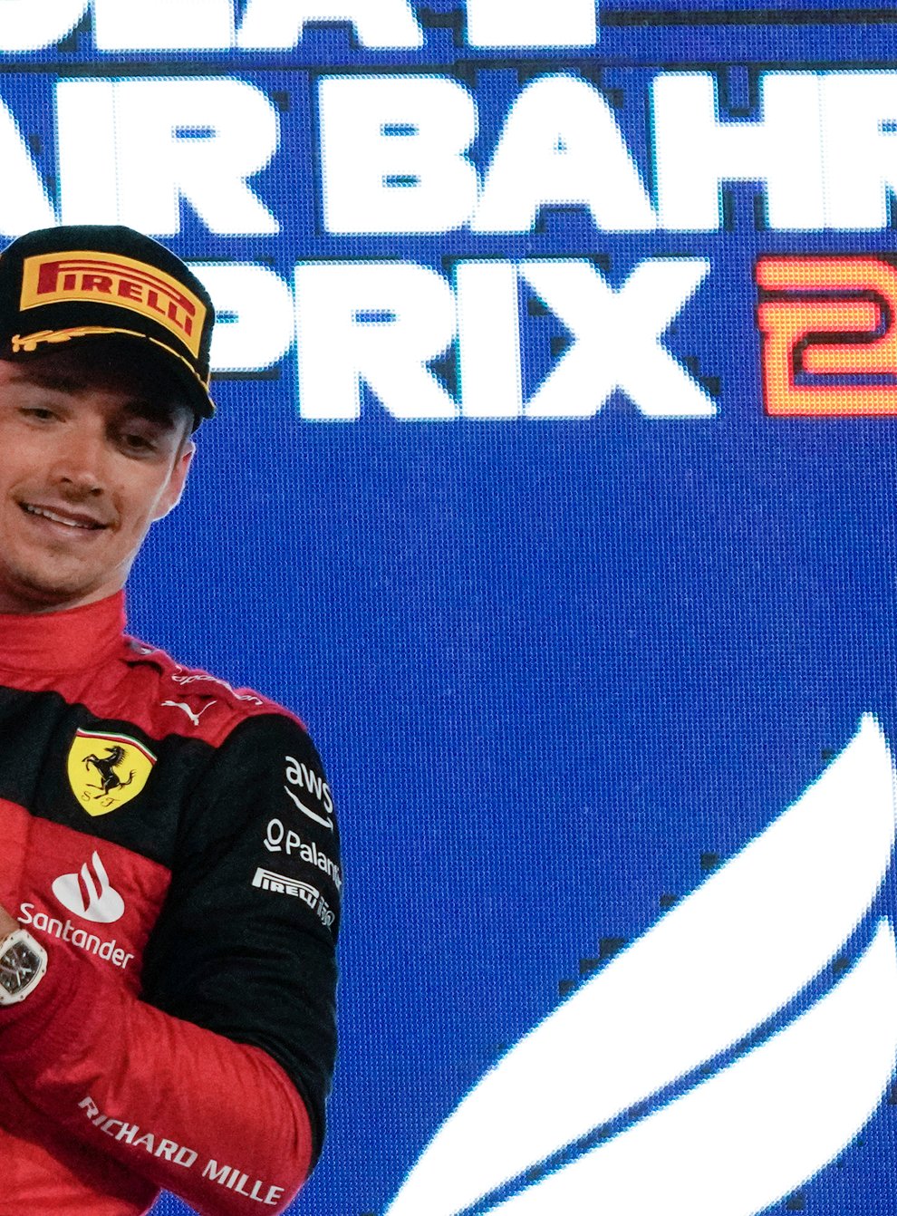 Charles Leclerc celebrates victory at the Bahrain Grand Prix (Hassan Ammar/AP)