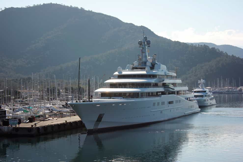 Eclipse, a luxury yacht reported to belong to Russian businessman Roman Abramovich, docked at a port in the resort of Marmaris (IHA via AP)