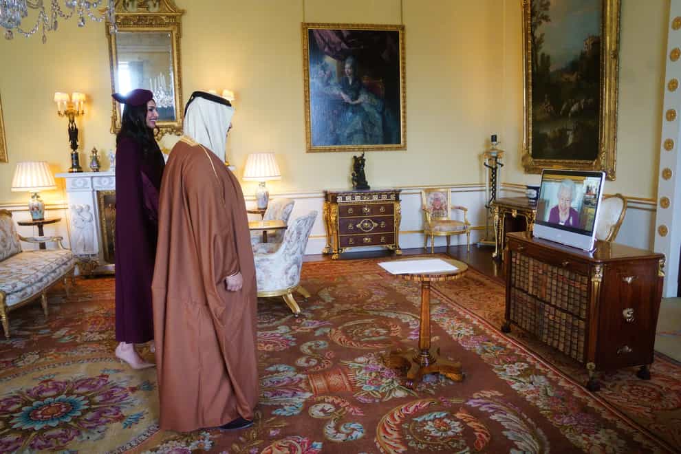 The Queen on a screen during a virtual audience to receive Fahad bin Mohammed Al-Attiyah, Ambassador of Qatar, and Sheikha Raya Khalifa Abdulla Khalifa Al Khalifa (Victoria Jones/PA)