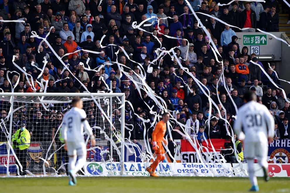 Rangers fans protested during Sunday’s match at Dundee by throwing tennis balls and streamers on to the pitch (Andrew Milligan/PA).