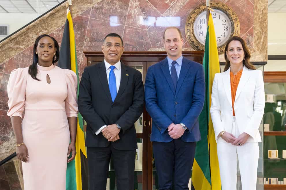 The Prime Minister of Jamaica, Andrew Holness, and his wife Juliet with the Duke and Duchess of Cambridge during a meeting at his office in Kingston (Jane Barlow/PA)