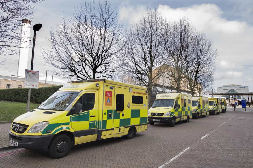 Ambulances outside the NHS Nightingale Covid-19 vaccination facility at the Excel Centre, London in January 2021 (Ian West/PA)
