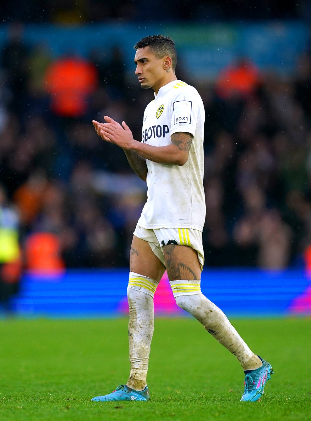Leeds’ Raphinha applauds the fans at the end of the Premier League match at Elland Road, Leeds (Mike Egerton/PA)