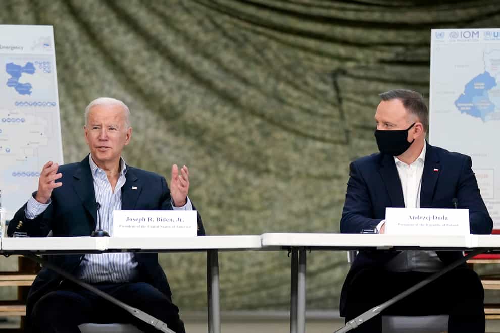 President Joe Biden and Polish President Andrzej Duda participate in talks on the humanitarian response to the Russian invasion of Ukraine (Evan Vucci/AP)
