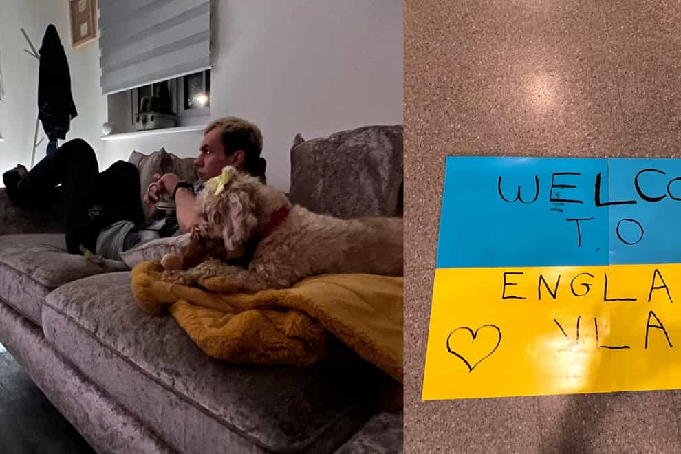Ukrainian refugee Vlad with Canela the dog. On the right, a message welcoming Vlad to England (Max Fox)