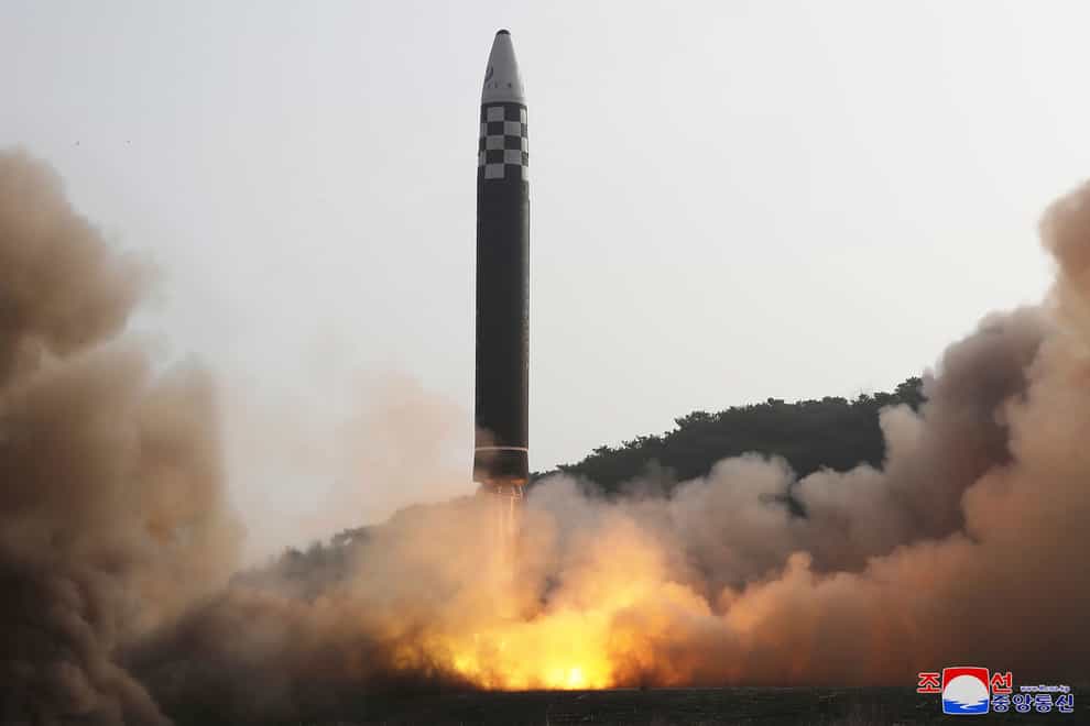 This photo distributed by the North Korean government shows what it says a test-fire of a Hwasong-17 intercontinental ballistic missile (Korean Central News Agency/Korea News Service via AP)