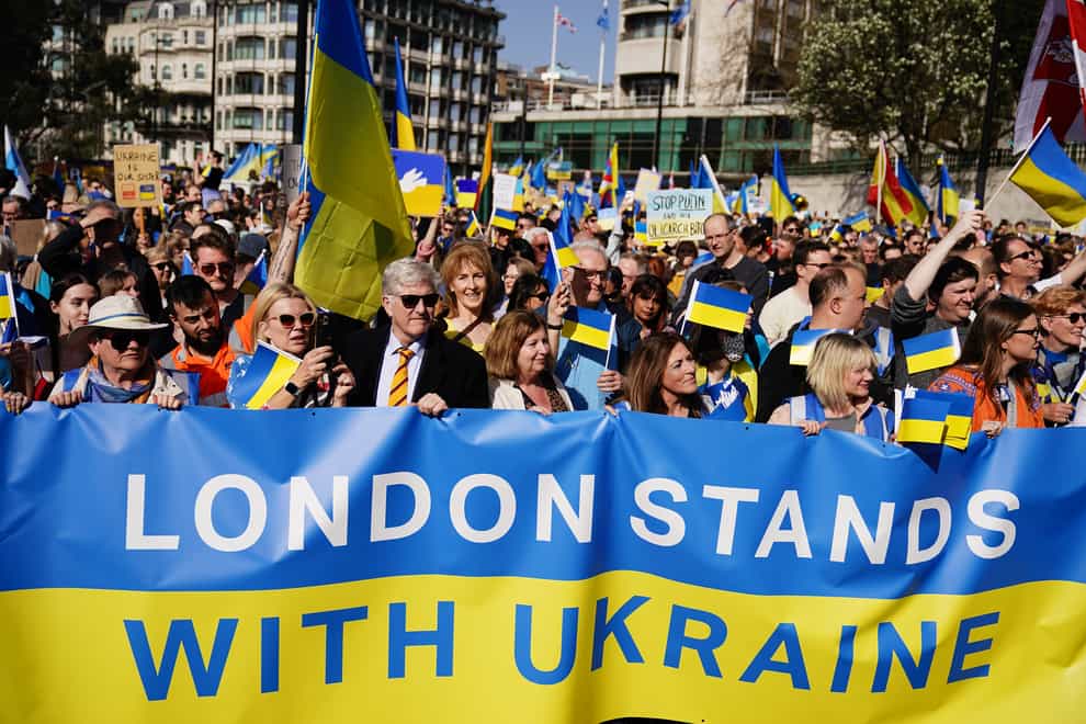 People take part in a solidarity march in London for Ukraine (Aaron Chown/PA)