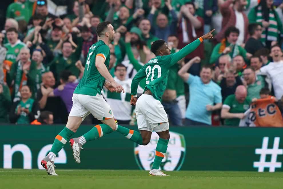 Chiedozie Ogbene (right) celebrates scoring the Republic of Ireland’s first equaliser against Belgium (Brian Lawless/PA)