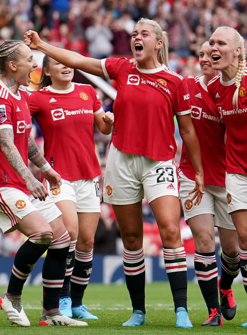 Alessia Russo celebrates her second goal in front of Manchester United’s fans at Old Trafford (Martin Rickett/PA)