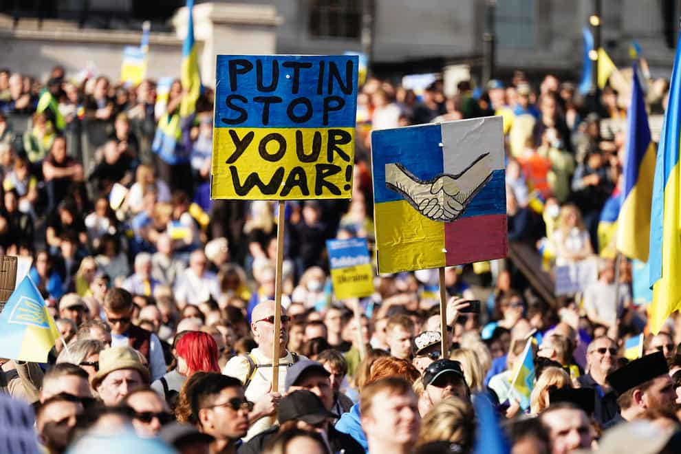 People take part in a solidarity march in London for Ukraine, following the Russian invasion. Picture date: Saturday March 26, 2022.