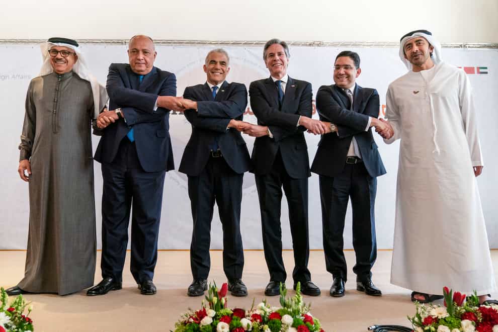 Antony Blinken (third right) poses with the foreign ministers of Bahrain, Egypt, Israel, Morocco and the UAE at the meeting (AP Photo/Jacquelyn Martin)