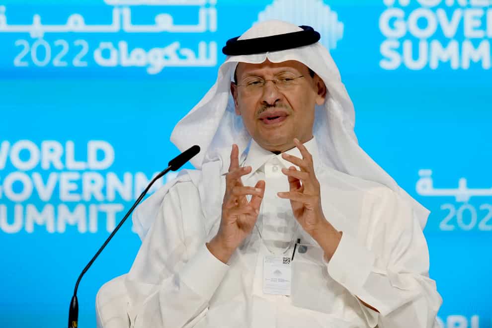 Saudi Arabia Energy Minister Prince Abdulaziz bin Salman speaks during the World Government Summit (Ebrahim Noroozi/AP)