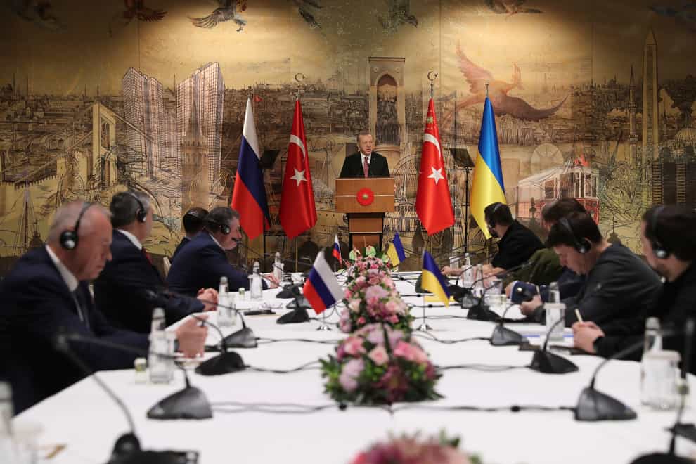 Turkish President Recep Tayyip Erdogan gives a speech to welcome the Russian and Ukrainian delegations in Istanbul (Turkish Presidency via AP)