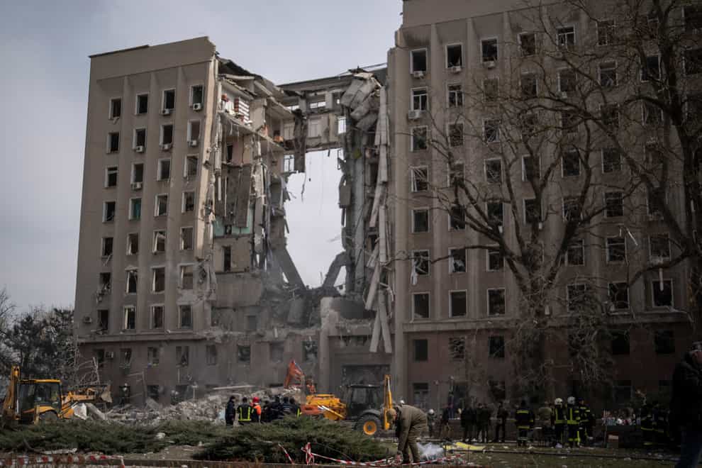 The regional government headquarters of Mykolaiv, Ukraine, following a Russian attack, on Tuesday, March 29, 2022. Ukrainian President Volodymyr Zelenskyy says seven people were killed in a missile strike on the regional government headquarters in the southern city of Mykolayiv. (AP Photo/Petros Giannakouris)
