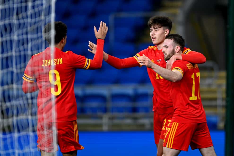 Rubin Colwill, centre, celebrates after equalising for Wales in their 1-1 friendly draw with the Czech Republic (Simon Galloway/PA)
