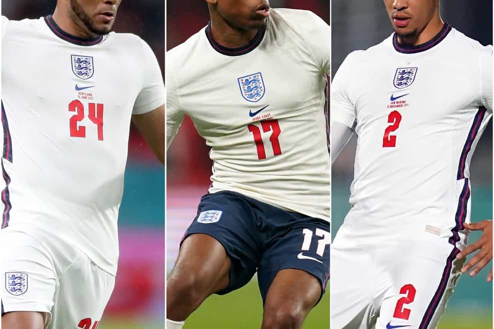 Reece James, left, Kyle Walker-Peters, centre, and Trent Alexander-Arnold, right, are among the right-back options available to England manager Gareth Southgate (PA)