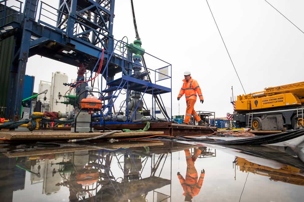 A worker at the Cuadrilla fracking site in Preston New Road, Little Plumpton, Lancashire (PA)