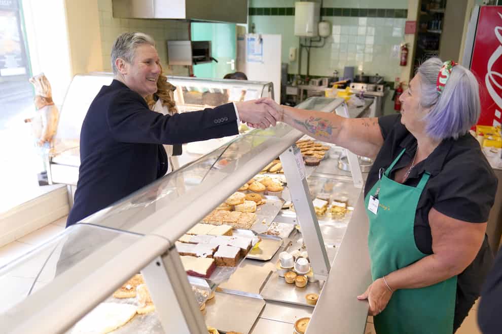 Labour leader Keir Starmer visits Manning’s Bakery on a walkabout in Ramsbottom, Greater Manchester (Danny Lawson/PA)