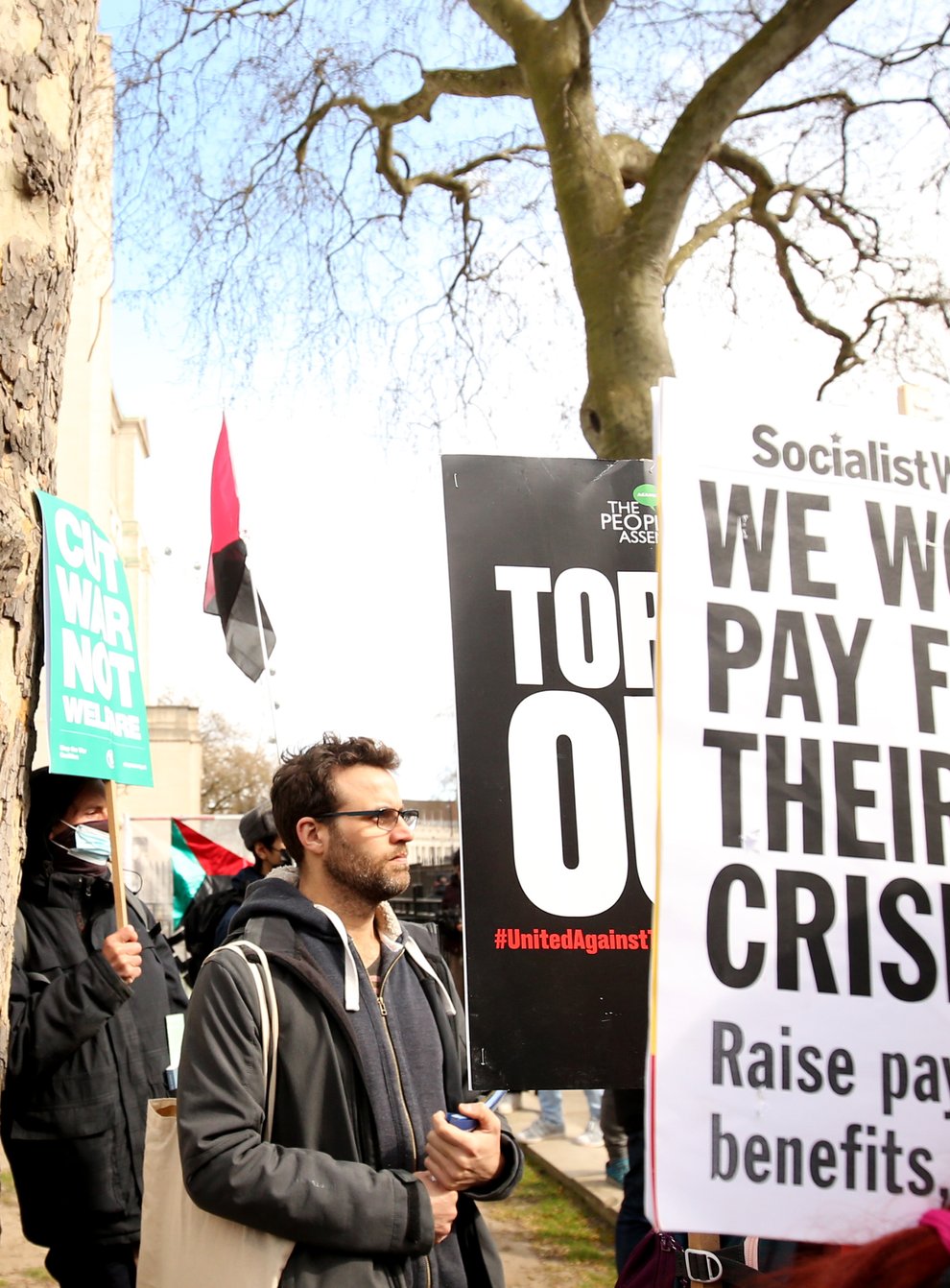 Protesters near Downing Street in central London, at The People’s Assembly Against Austerity protest to highlight those suffering hardship from the cost of living crisis due to the rise in fuel costs, food prices inflation and low pay. Picture date: Saturday April 2, 2022.