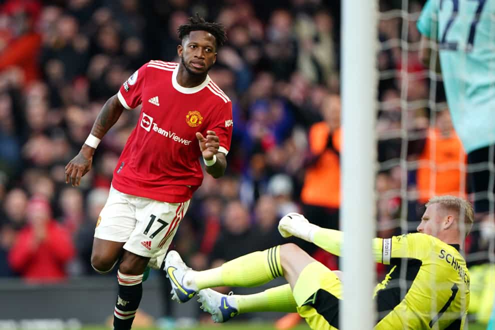 Fred celebrates his equaliser for Manchester United (Zac Goodwin/PA)