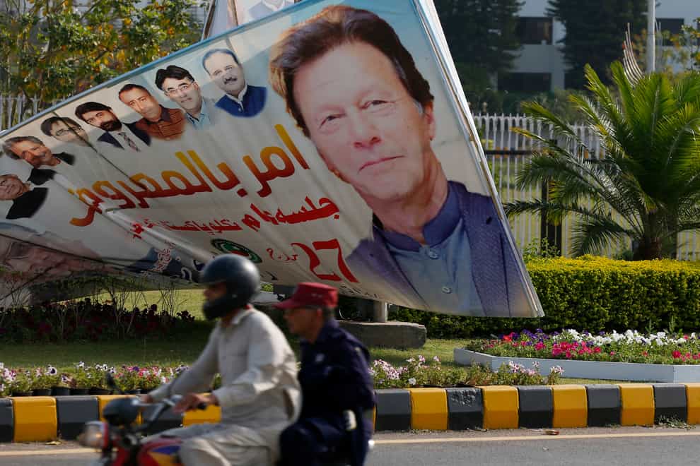 Prime Minister Imran Khan accused the US of trying to overthrow his government (Anjum Naveed/AP)