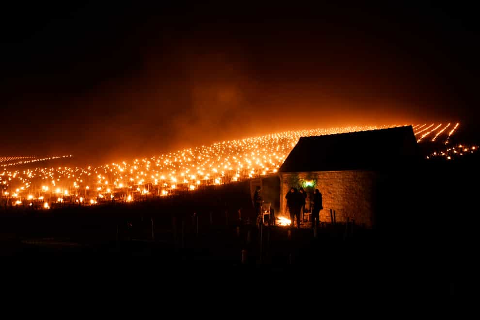 Wine growers warm themselves around a fire as anti-frost candles burn in a vineyard to protect blooming buds and flowers from the frost, in Chablis, Burgundy region, on Monday April 4 2022 (Thibault Camus/AP)
