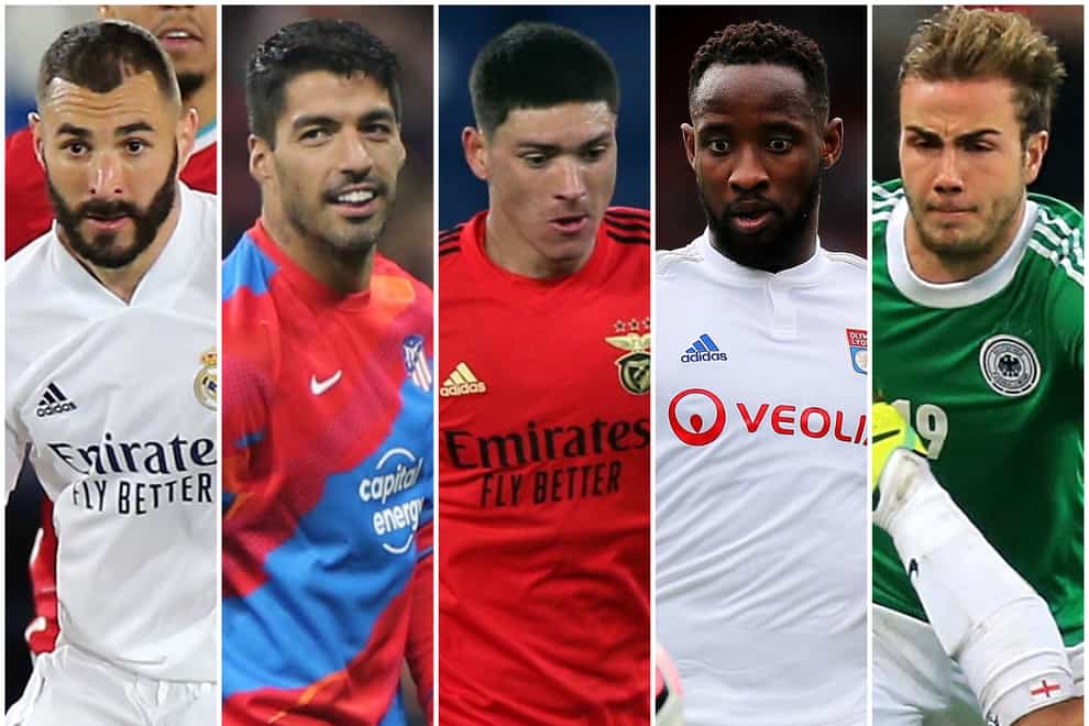 Karim Benzema, Luis Suarez, Darwin Nunez, Moussa Dembele and Mario Gotze (l-r) will be looking to damage the European hopes of Premier League teams (PA)