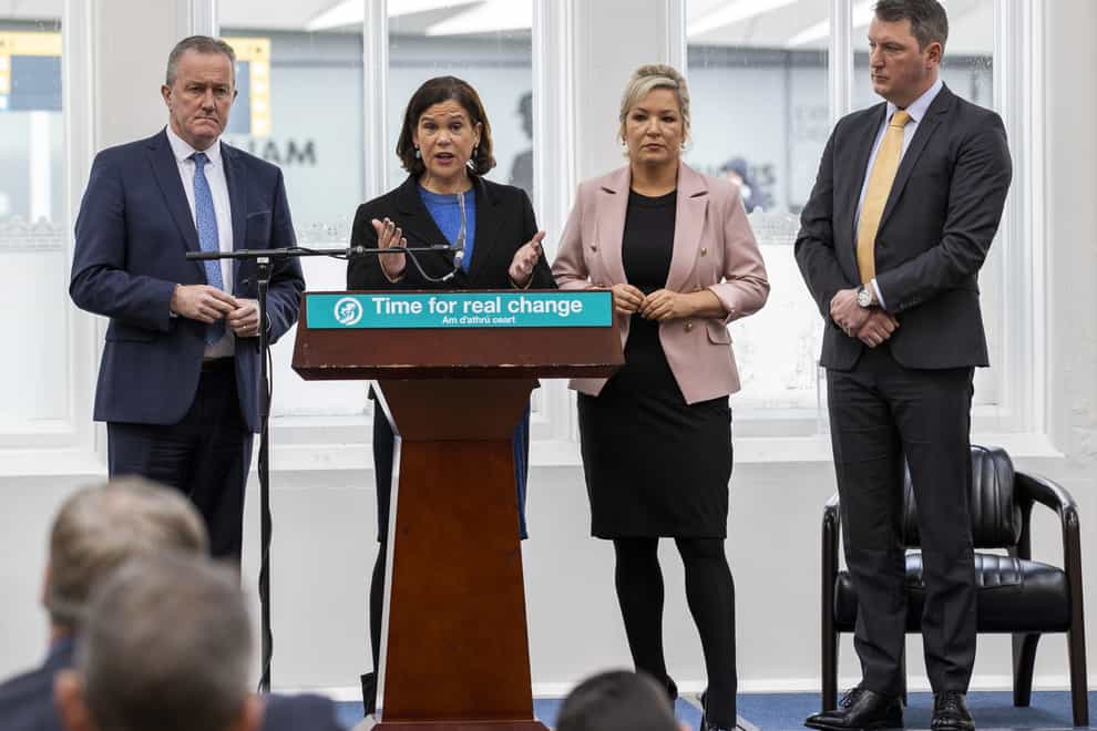(left to right) Conor Murphy, Sinn Fein leader Mary Lou McDonald, Sinn Fein vice president Michelle O’Neill and John Finucane MP during the Sinn Fein Assembly election candidate launch (Liam McBurney/PA)