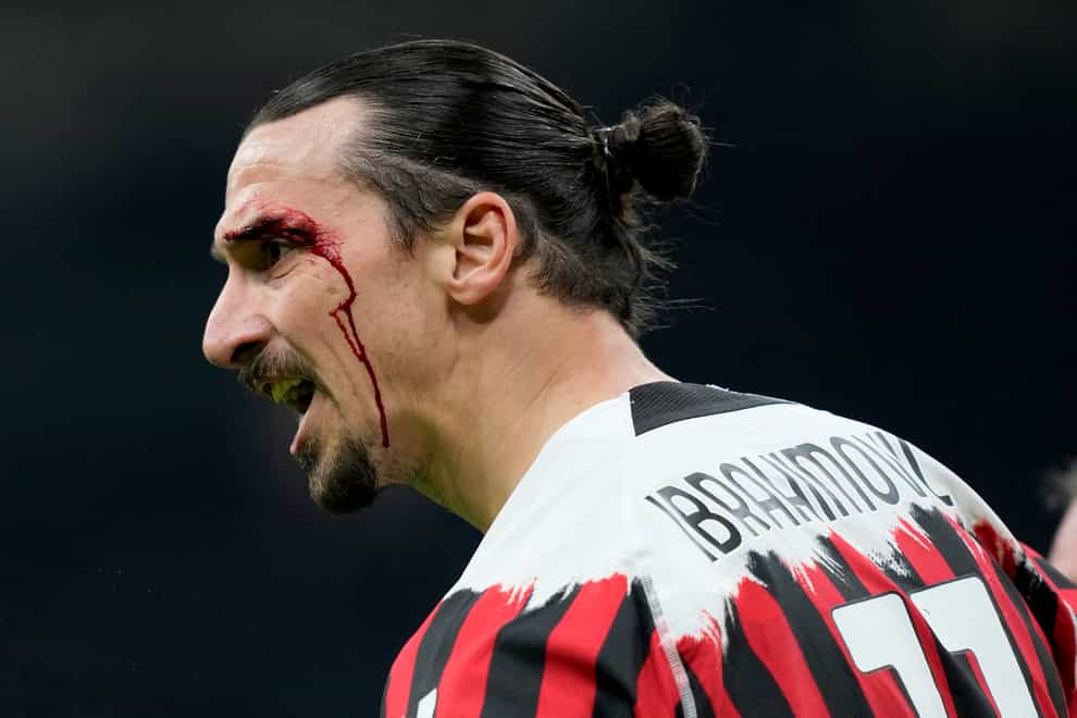 AC Milan’s Zlatan Ibrahimovic was left bloodied after a clash of heads with Bologna’s Gary Medel (Antonio Calanni/AP/PA)