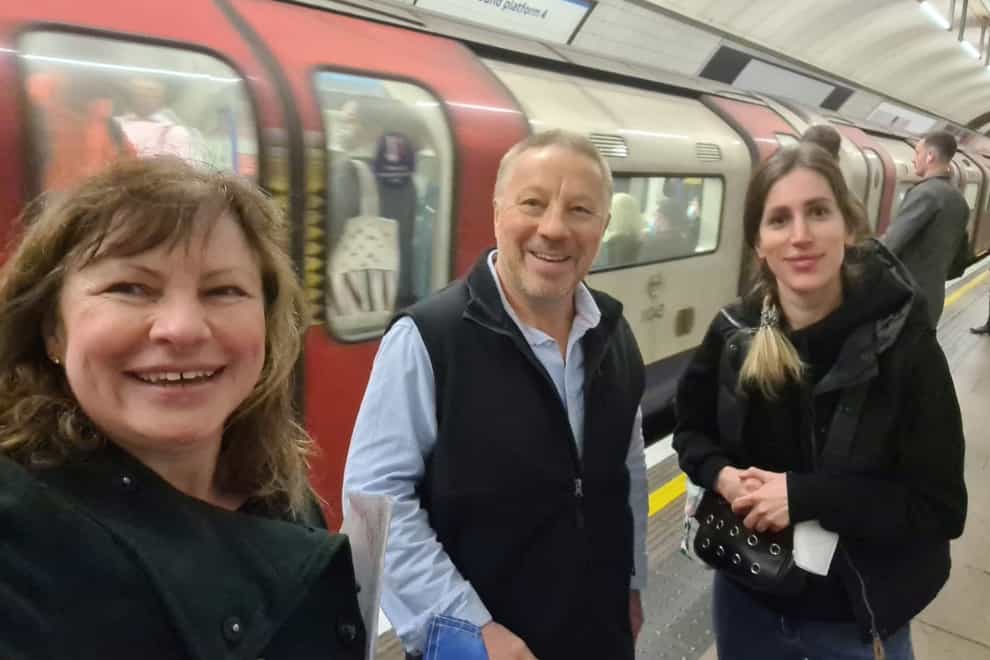 Helen Hayes (left), Neil Baker and Sofiia Klimina heading home to Surrey (Helen Hayes/PA)