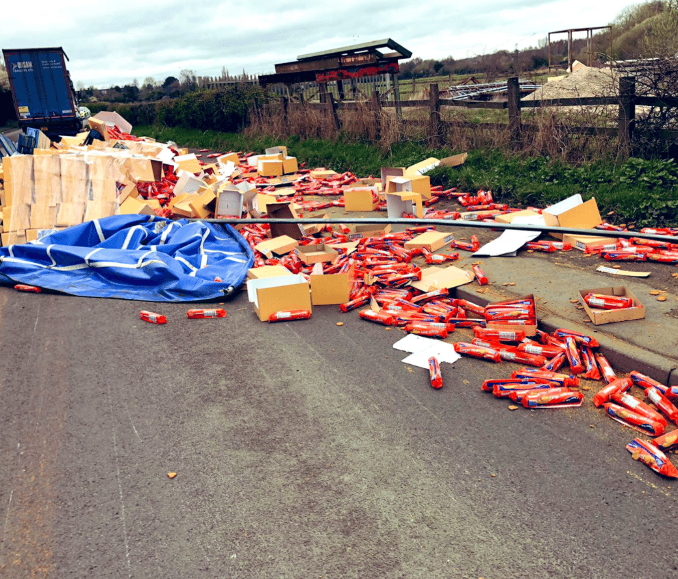 Hundreds of toppled biscuit packets on the roadside in Sandiacre (Derbyshire Constabulary)