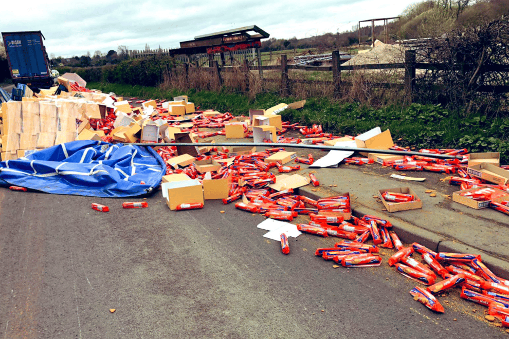 Hundreds of toppled biscuit packets on the roadside in Sandiacre (Derbyshire Constabulary)