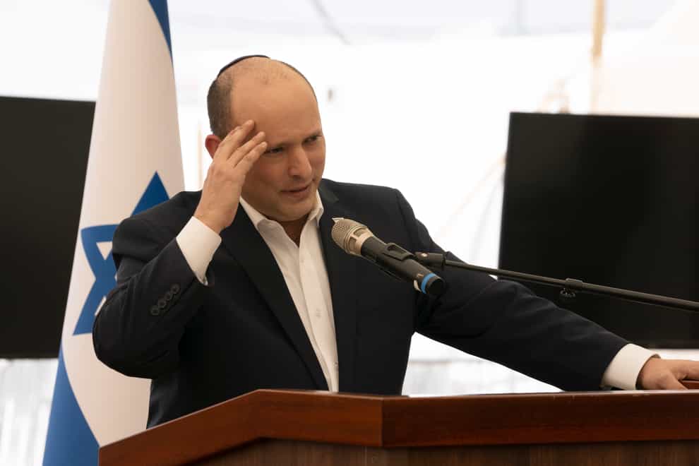Israeli Prime Minister Naftali Bennett speaks at a press conference on an Israeli Defense Force base in Beit El in the West Bank, Tuesday, April 5, 2022. (AP Photo/Maya Alleruzzo)